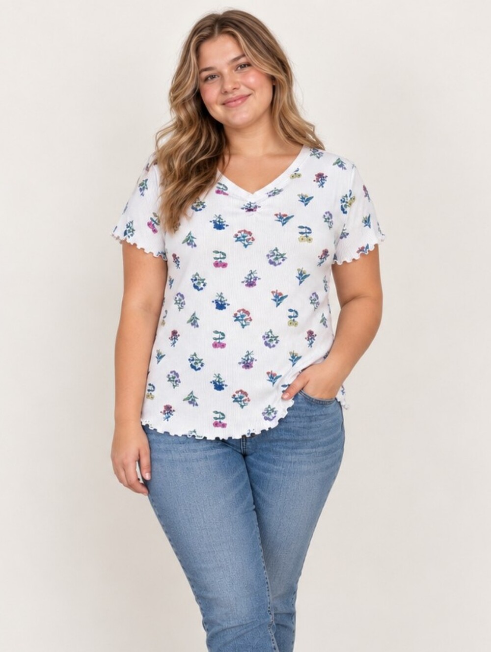 Thereabouts Floral Girls Plus Ribbed V-Neck Tee White Recycled Poly Cute Top 3XL